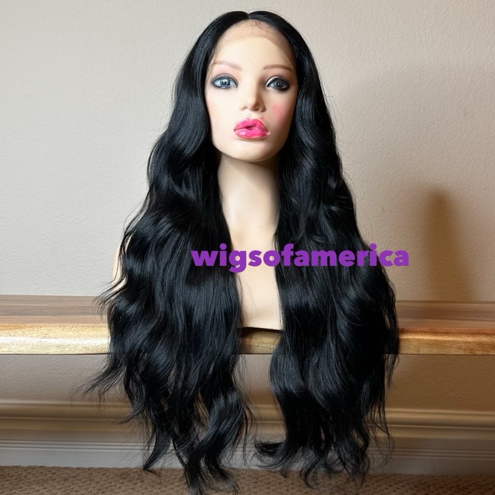 Black wig wavy layered lace front middle part 26 inch long heat ok
